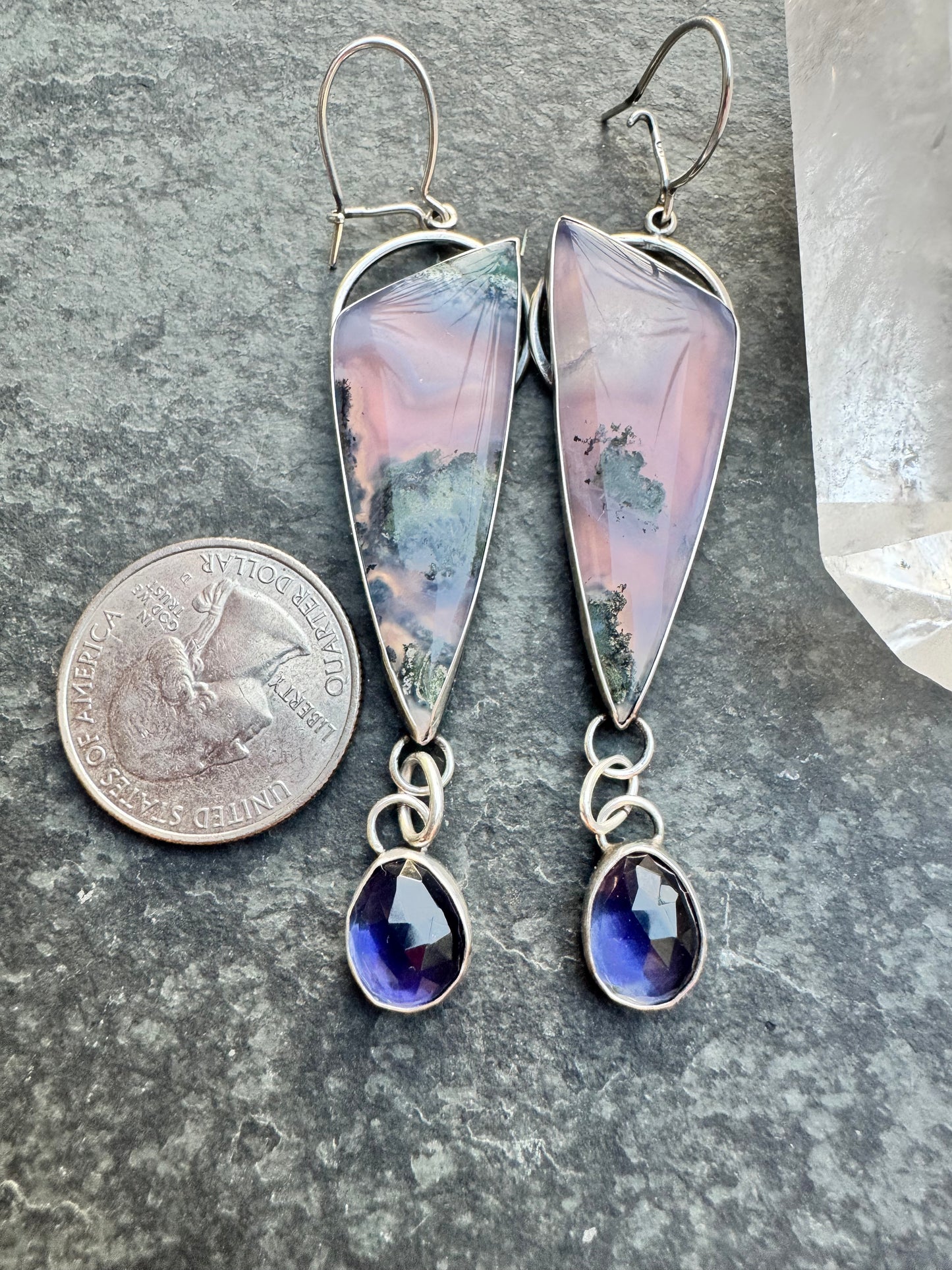 Plume agate and Iolite dangles