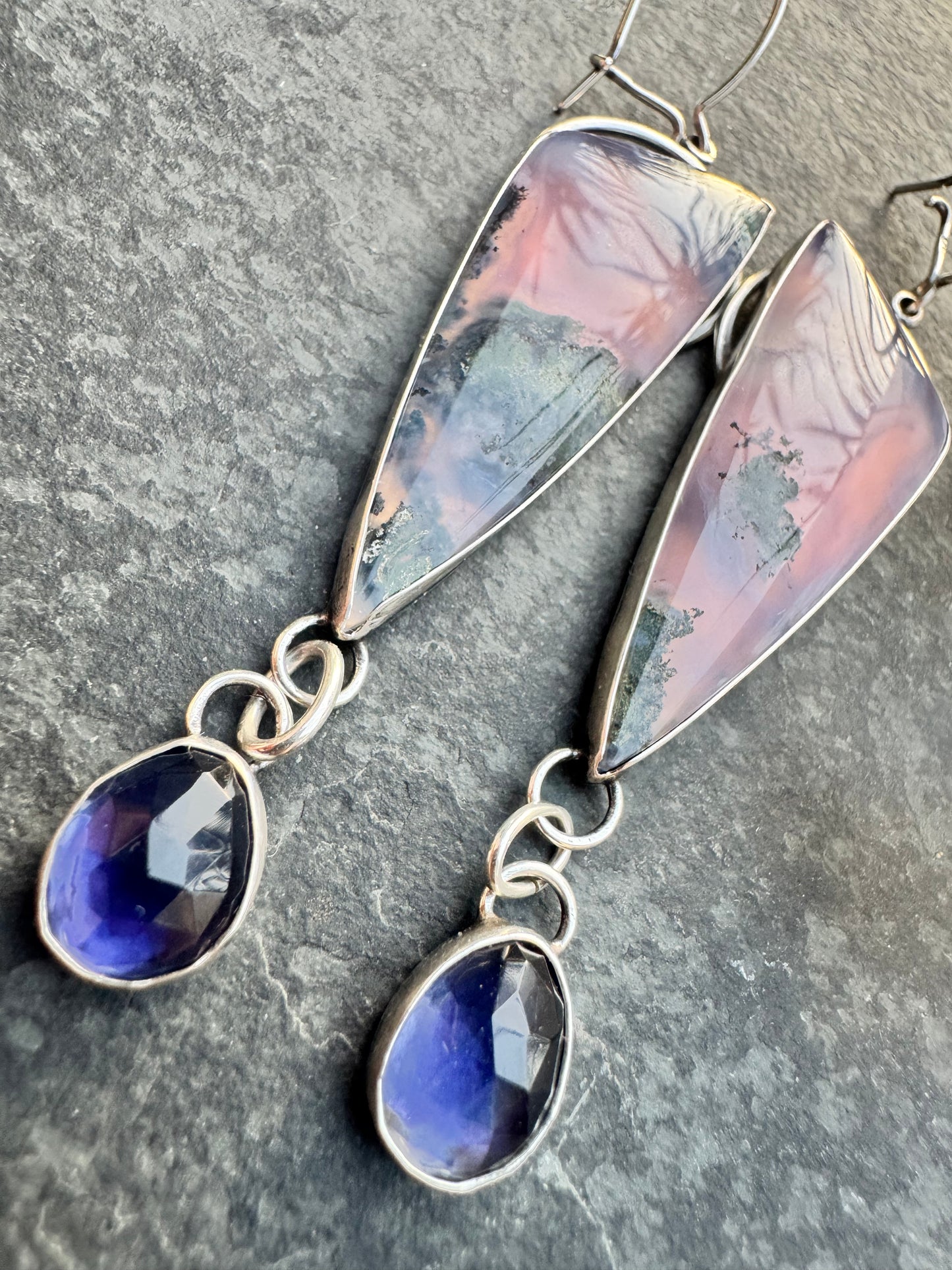 Plume agate and Iolite dangles