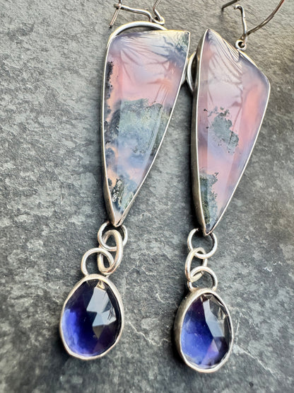 Plume agate and Iolite dangles