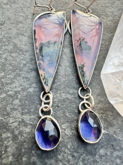 Plume agate and Iolite dangles