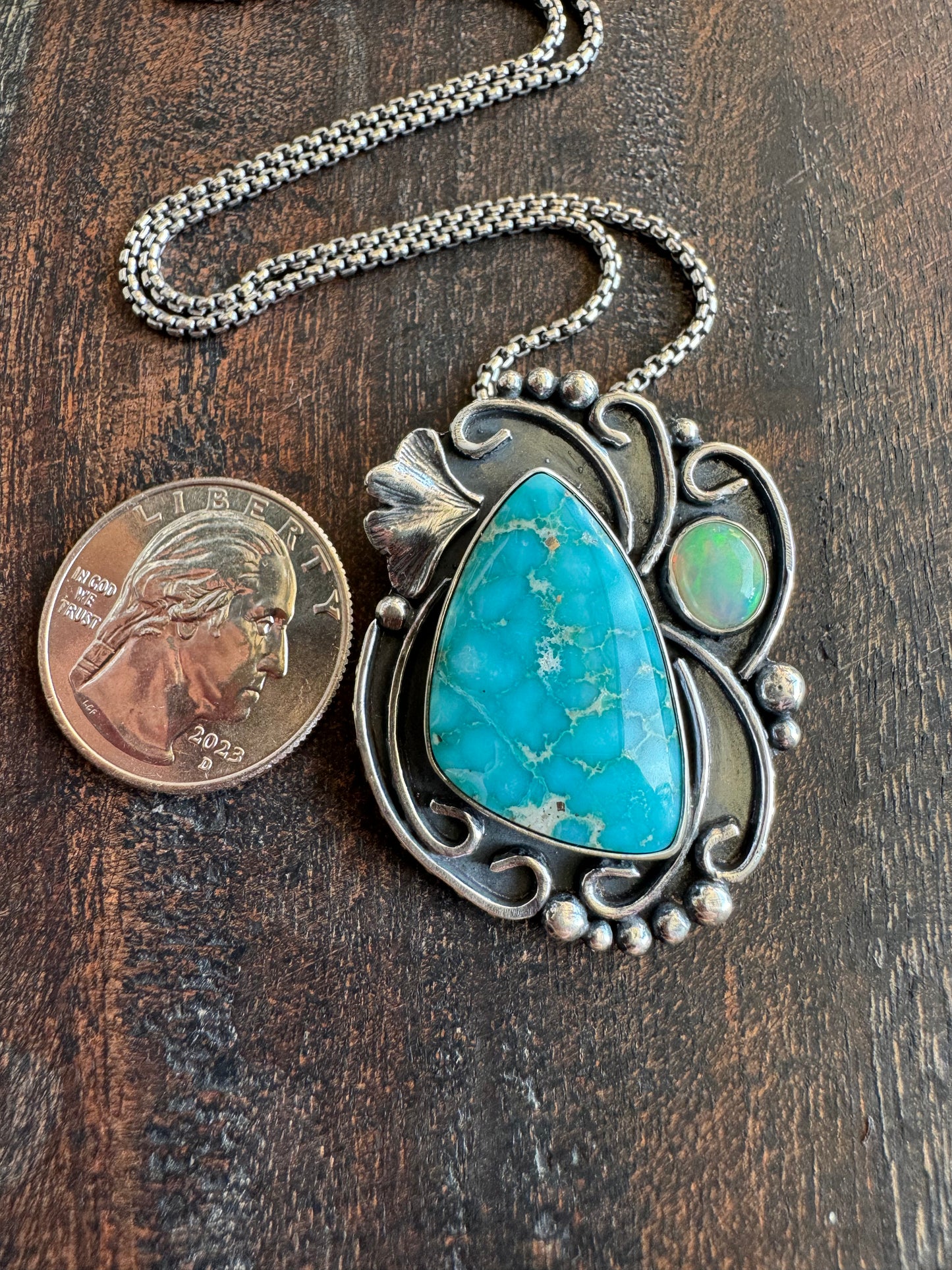 White water turquoise and opal pendant