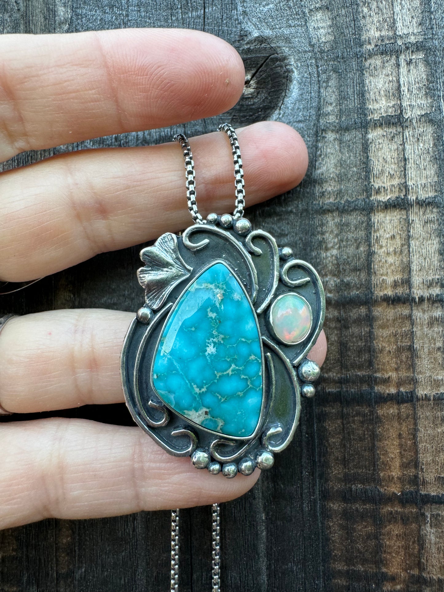 White water turquoise and opal pendant